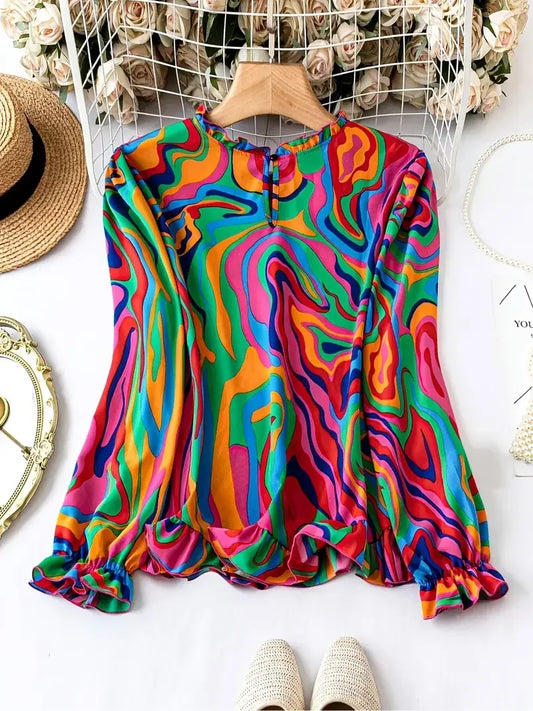 Plus Size 1XL-5XL Women Fashion Round Neck Long Sleeve Print Blouse Shirts Ladies Casual   Boho Blouse Shirt Top