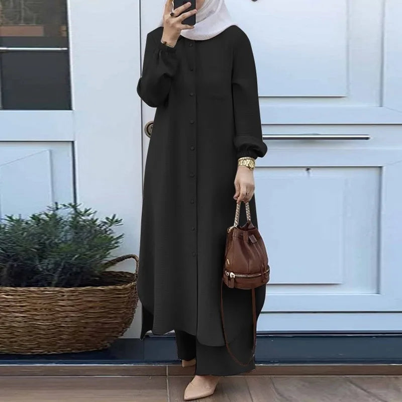 Muslim Arabian Fashion 2pcs Clothes Suits Spring Autumn Women Long Shirts+trousers  Abaya Femme Musulman Eid Mubarek Outfits