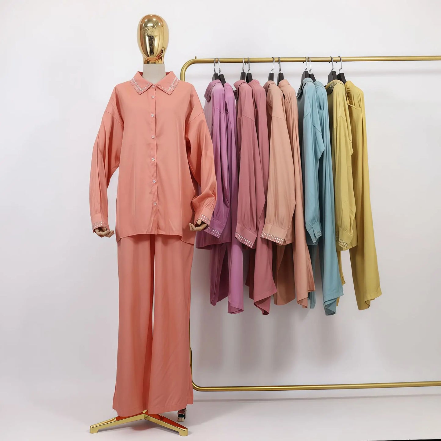 2PCS Women Solid Color Lapel Collar Shirt Pants Set Muslim Abaya Kaftan Islam Clothing Turkey Outfits Femme Musulmane Ensembles