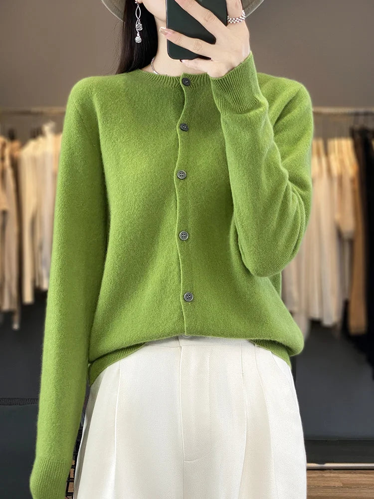 100% Merino Wool Sweater Women O-Neck Cardigan Basic Style  Buttoned Knitwear Female Casual Autumn Winter Soft Tops