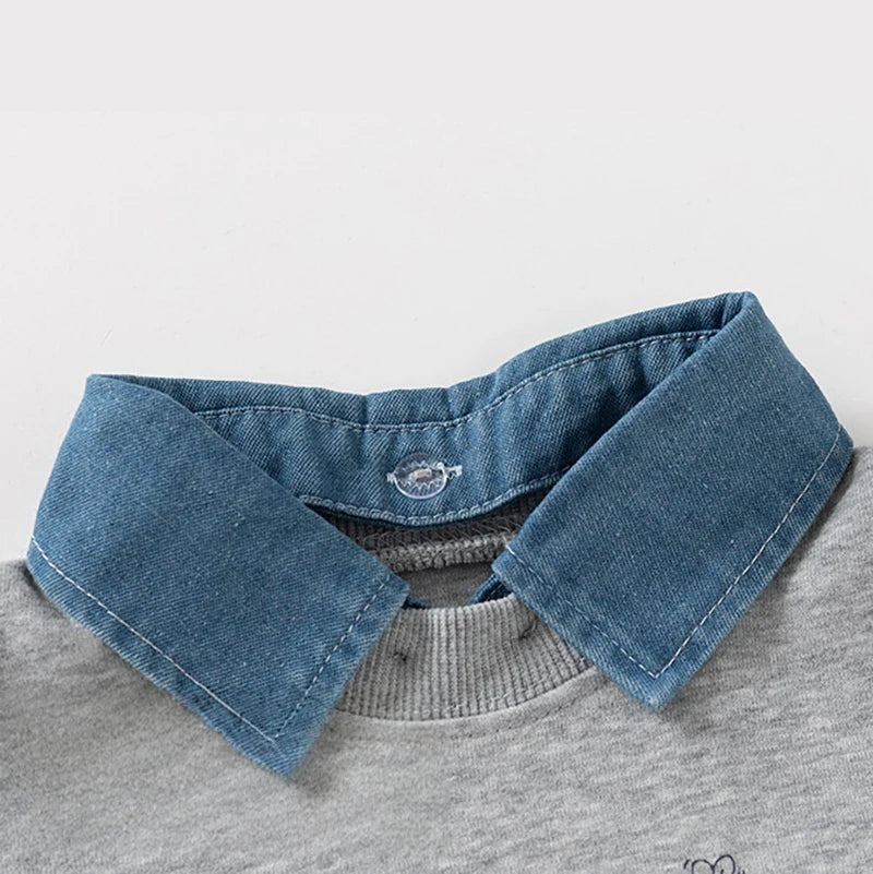 Spring New Children Clothes Korean Style Boys Fake Two Piece Sweatshirt Detachable Collar Cartoon Printed Long Sleeve Top
