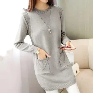 Solid Long Sweater Women Clothing 2025 New Korean Pocket Knit Sweater Dress Casual Warm Loose O neck Long sleeve Ladies Pullover