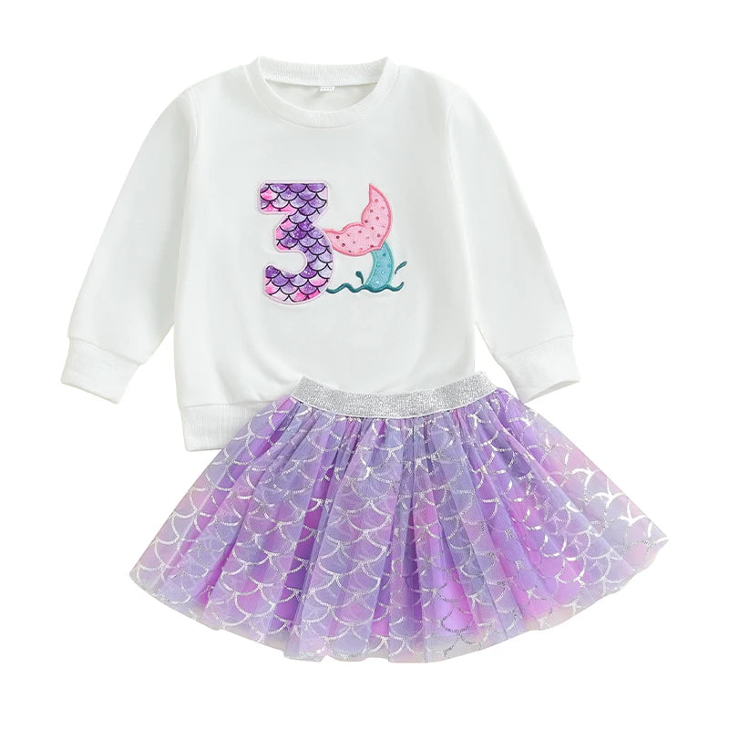 0-7Y Kids Girls Autumn Outfits Long Sleeve Number Embroidered Sweatshirt with Mermaid Tulle Skirts Sets Birthday Clothes