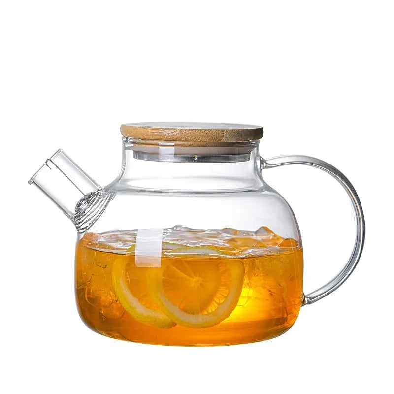 Glass Teapot with Bamboo Lid Transparent Heat-Resistant Thicken Glass Pitcher Cold Water Jug Household Puer Kettle Tea Pot