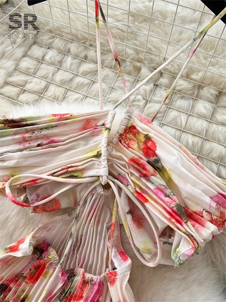 SINGREINY Floral Print Pleated Long Dress Strapless Halter Backless Hollow Out Women Gentle Vacation Beach Party A Line Sundress