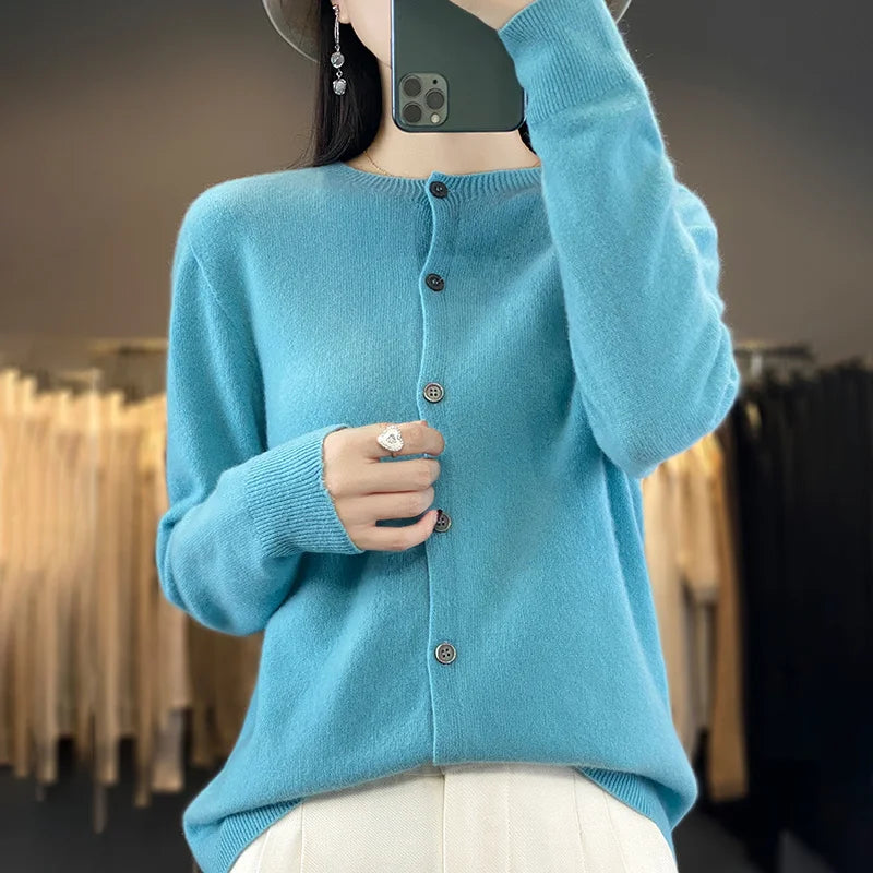 100% Merino Wool Sweater Women O-Neck Cardigan Basic Style  Buttoned Knitwear Female Casual Autumn Winter Soft Tops