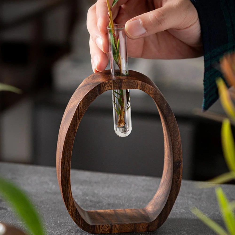 2Pcs/set Walnut Wood Glass Hydroponic Plant Container, Desptop Terrarium Bonsai Home Decor - Glass Tube Vase & Walnut Wood Base