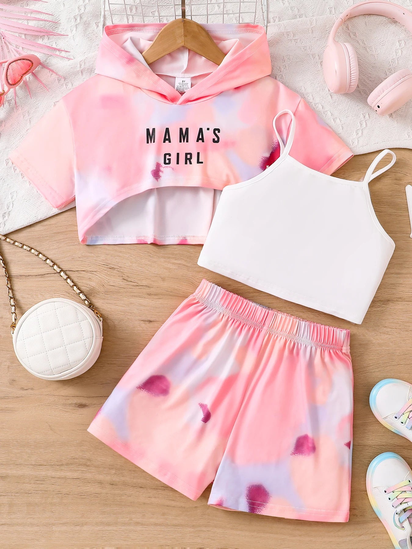 2025 New fashion girls' summer breathable and cool knitted top, solid color strappy printed shorts 3-piece set