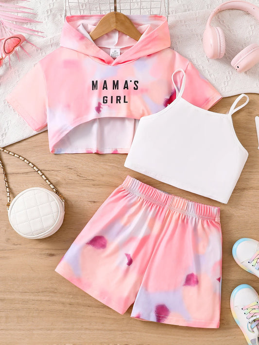 2025 New fashion girls' summer breathable and cool knitted top, solid color strappy printed shorts 3-piece set