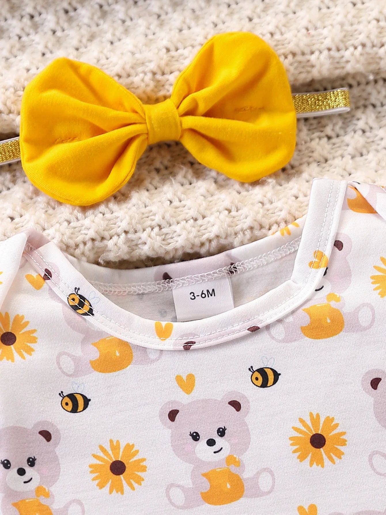 【Sweet and Cute Bear】Baby Girl Denim Overalls Set: 3D Bear Patch Honey Jar Denim Overalls + Sunflower Print Top + Bow Headband - Spring/Summer Outing Three-Piece Set