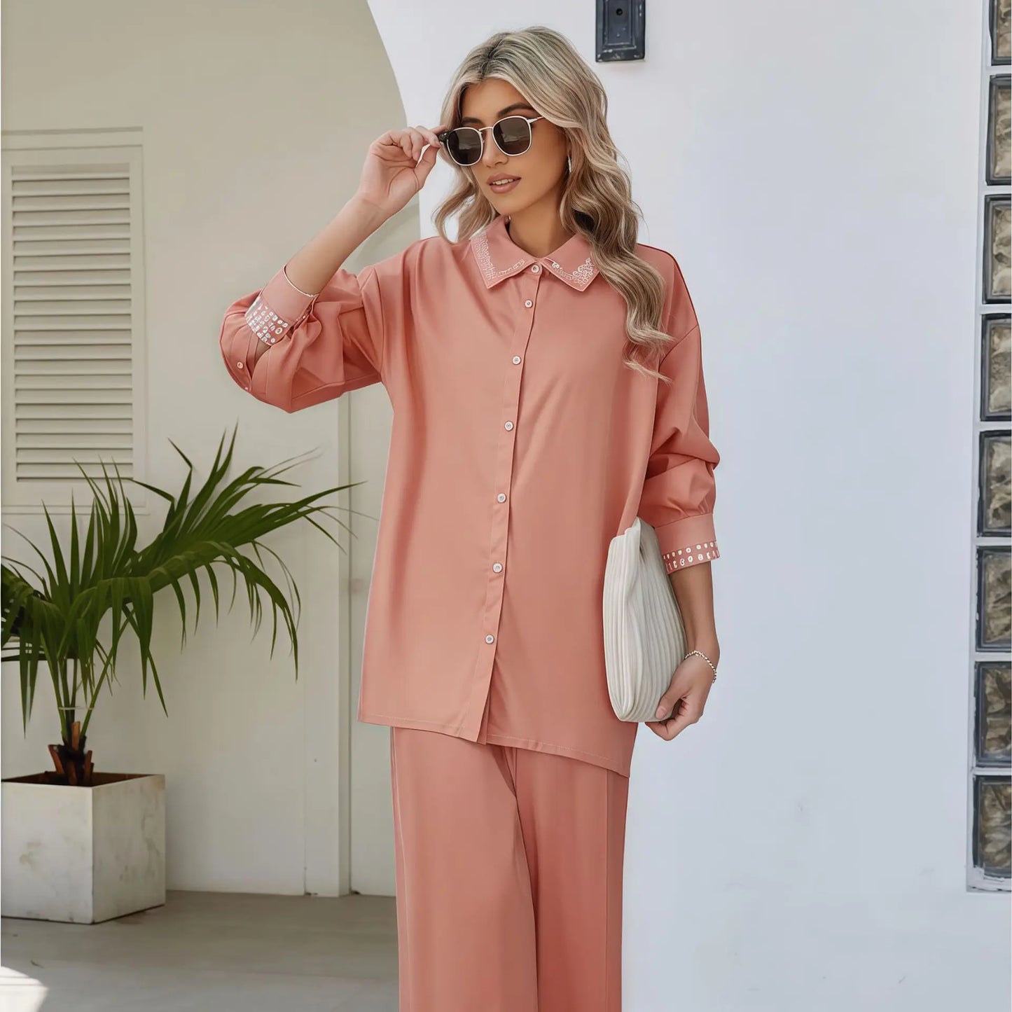 Femme Musulmane Ensembles Casual Women Solid Color Tops and Pants 2 Pieces Set Dubai Kaftan Abaya Islam Clothing Eid Shirt Suits