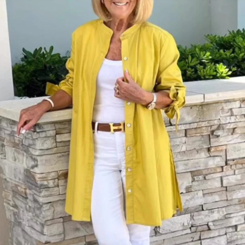 Single-button Turn-collar Elegant Commute Cardigan Shirts Solid Color Long-sleeve Cotton Shirt Slim Fit Blouses