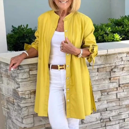 Single-button Turn-collar Elegant Commute Cardigan Shirts Solid Color Long-sleeve Cotton Shirt Slim Fit Blouses