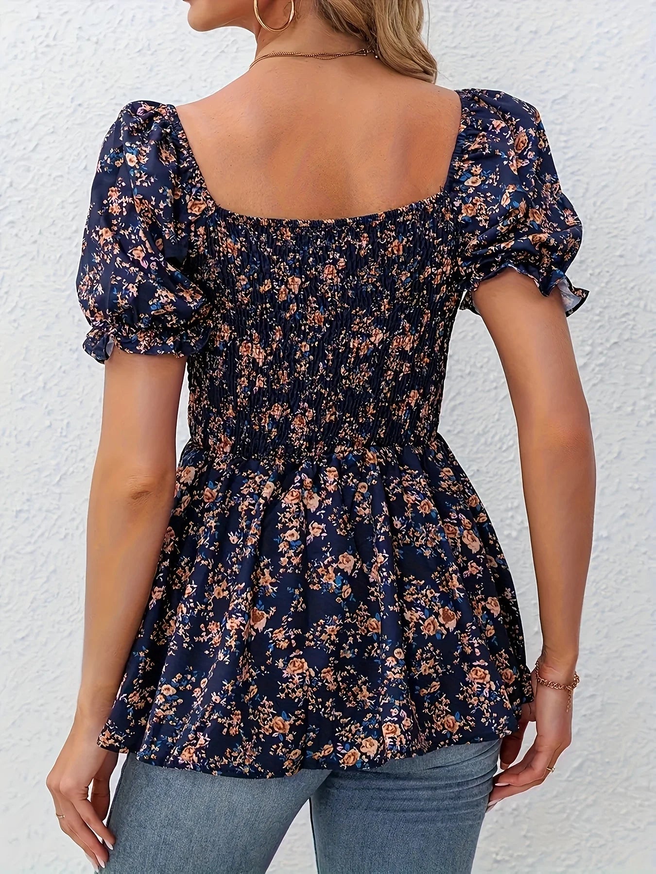 Summer women's casual comfortable square-neck raglan leaf-sleeve floral vacation shirt top