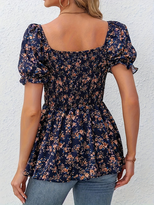 Summer women's casual comfortable square-neck raglan leaf-sleeve floral vacation shirt top