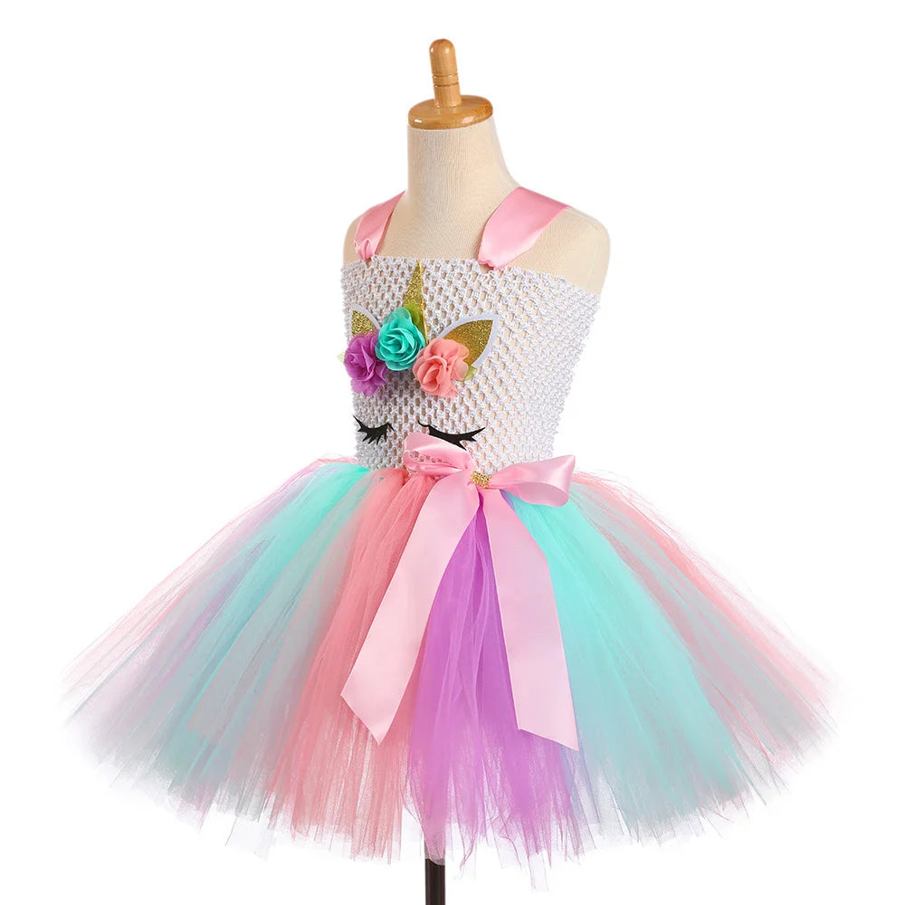 Pastel Flower Unicorn Dresses for Girls Christmas Halloween Costumes for Kids Birthday Party Outfit with Wings Horns Hairbow