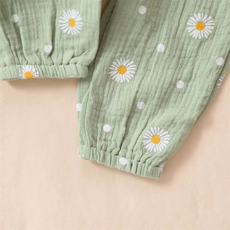 Citgeett Spring Infant Baby Girls Pants Sets White Long Sleeve Ruffle Romper Daisy Print Belted Pants Headband Autumn Sets