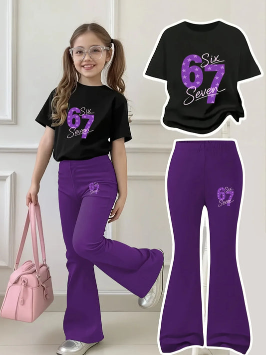 Black Girls t Shirt and Purple Wide Leg Pants Set 67 Print Casual Two Piece Outfits for Kids Summer Fashion Clothing