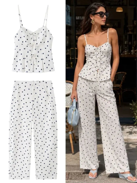 HH Elegant Women's Summer Polka Dot Cami Pant Set 2026 Sweet Skirt Style Hem Bow-Front Top+Bucket Trousers Female Casual Suit