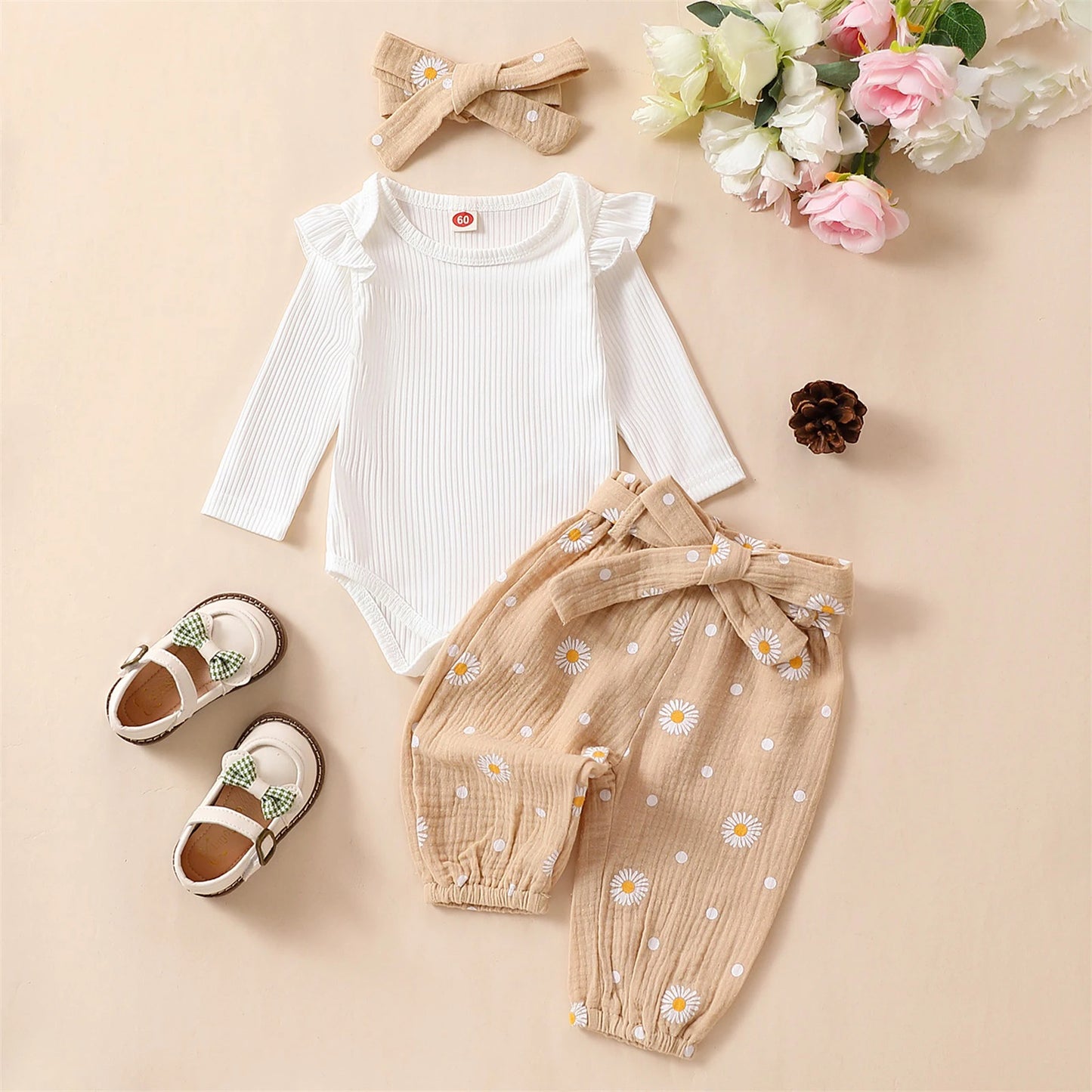 Citgeett Spring Infant Baby Girls Pants Sets White Long Sleeve Ruffle Romper Daisy Print Belted Pants Headband Autumn Sets