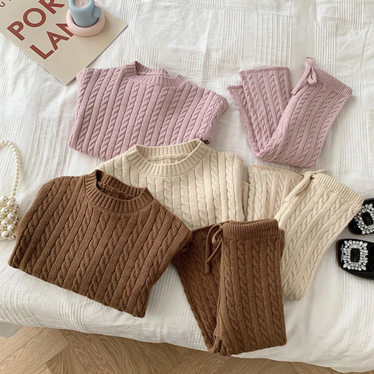 Autumn Spring Korean Style Kids Knitted Clothing Set Long Sleeved Solid Color Knitted Pullover+Pants Baby Girl Clothes Suit