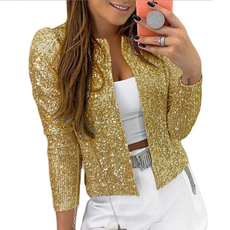 Street fashion stand up collar solid color party flash new jacket cardigan short casual versatile women