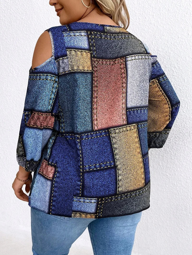 Plus Size Women's Autumn And Winter Fashion New Long Sleeve Zipper Decoration Off-The-Shoulder Printed Plaid Loose