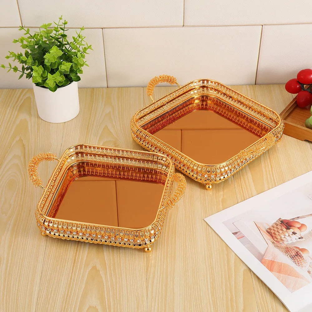 2Pcs European high-end tray gold hollow hotel household fruit plate wrought iron size set snack storage basket