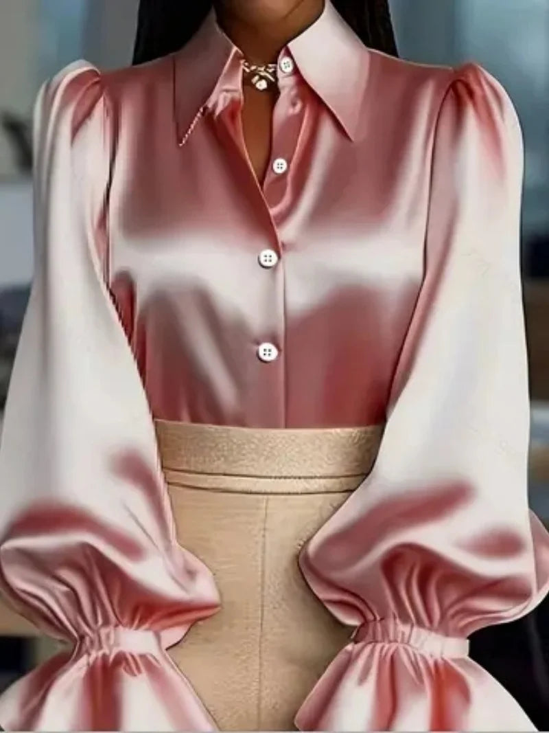 Elegant Satin Blouse with Ruffled Cuff Sleeves and Button-Down Collar - Chic Office & Casual Wear Top