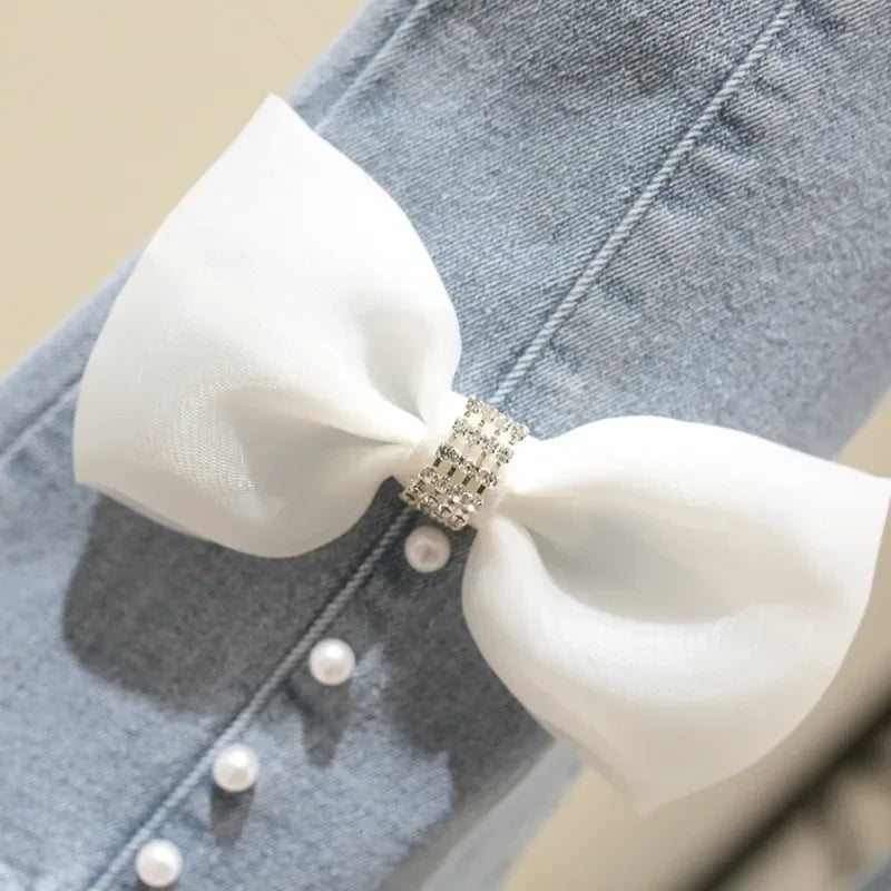 2024 Autumn New Girls' Clothing Sets Personalized Lace Doll Neck Shirt+Pearl Bow Jeans Set Ladies Style Spring Children's Suit