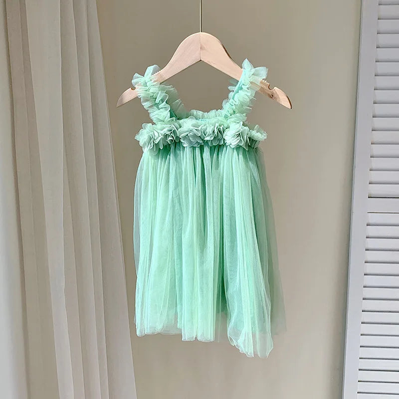 Kids Sweet Mesh Dress 1-6T Summer Children Mesh Tulle Princess Slip Tutu Dresses Girls 6 Colors 3D Flower Mermaid Birthday Dress