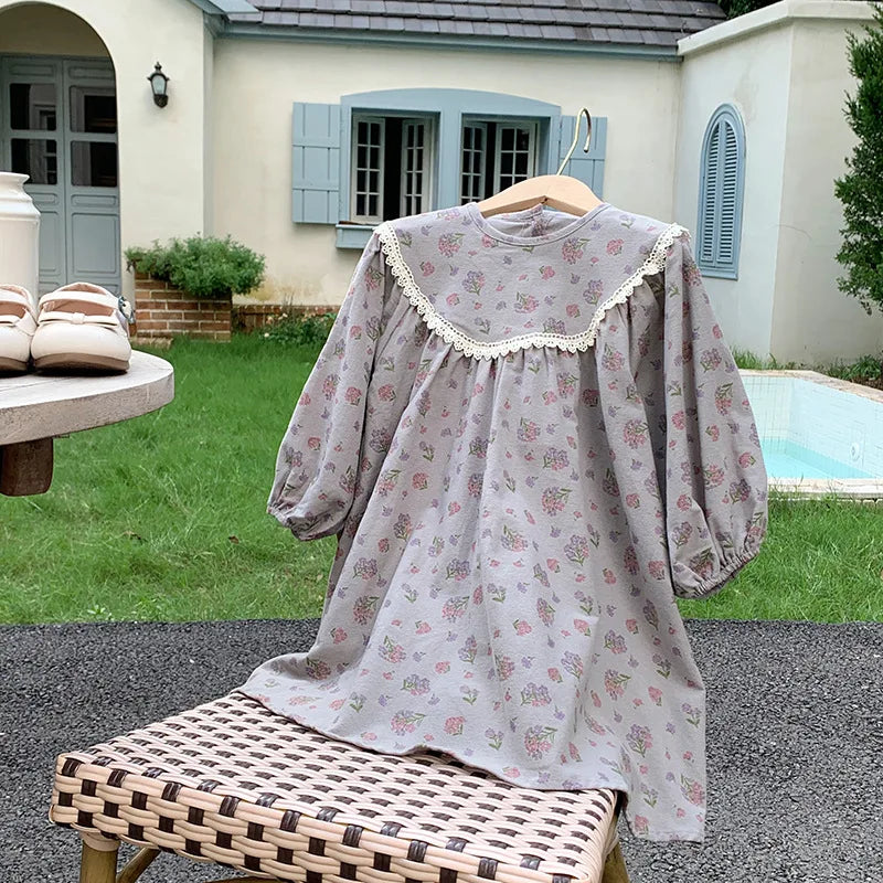 Retro Girls Dress 2025 Autumn New Toddler Kids Girls Cute Print Long-sleeved Sweet Princess Dress