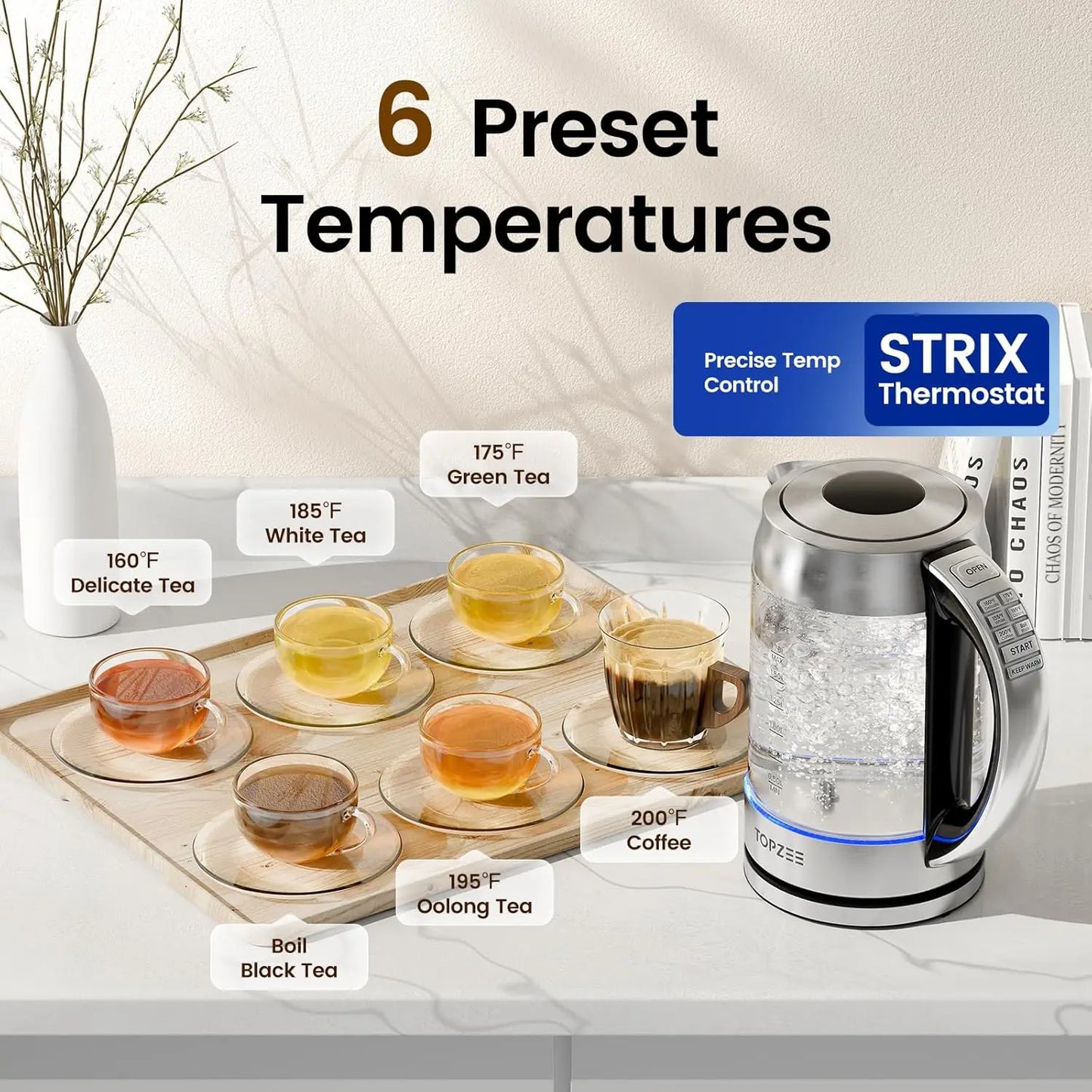 1.7L Glass Electric Kettle with 6 Preset Temperatures, Keep Warm, Auto Shut-off, BPA-Free, Rapid Boil 1500W for Coffee & Tea
