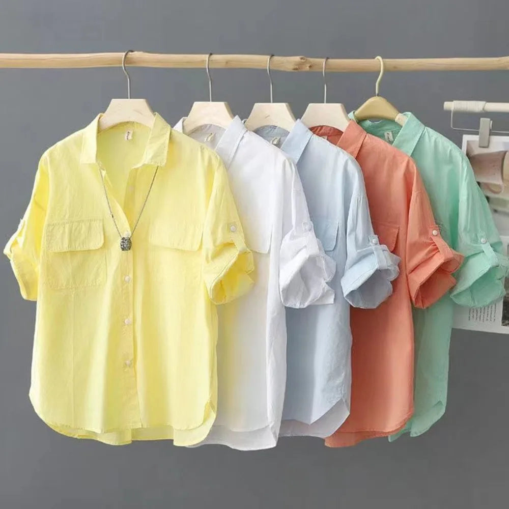 2026 Popular Summer New Shirt Design Loose Top Short Sleeved Middle-aged Pure Cotton Short Sleeved Casual Solid Color Shirt