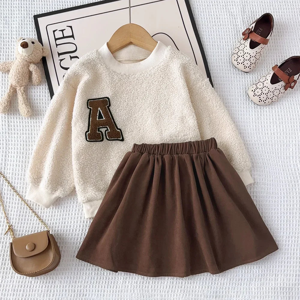 Bear Leader Autumn Winter Korean Version Beige Girls' Set Casual Kids Clothes Bow Fleece Long Sleeved Top + Black Short Skirt