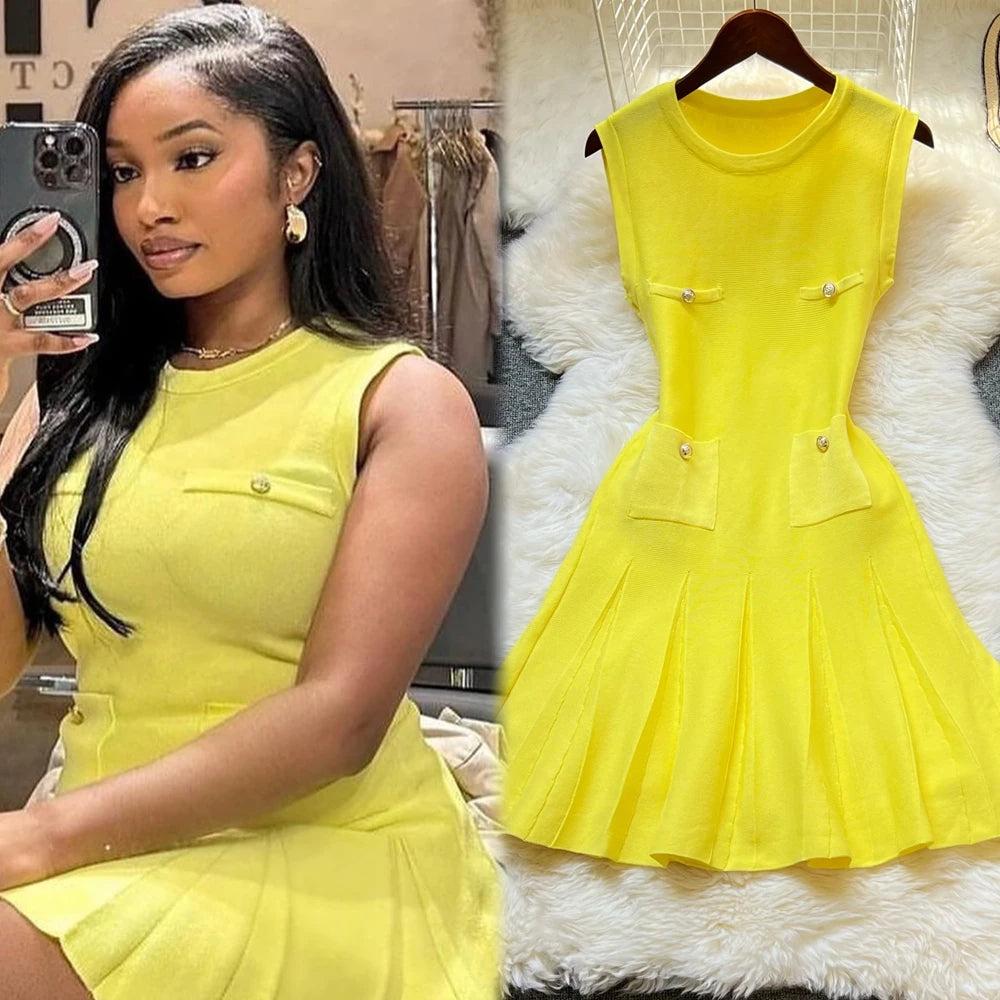 YuooMuoo Chic Fashion 2026 Summer Pleated Short Dress Women O-neck Slim Waist A-line Party Dress Streetwear Lady Outfits Vestido