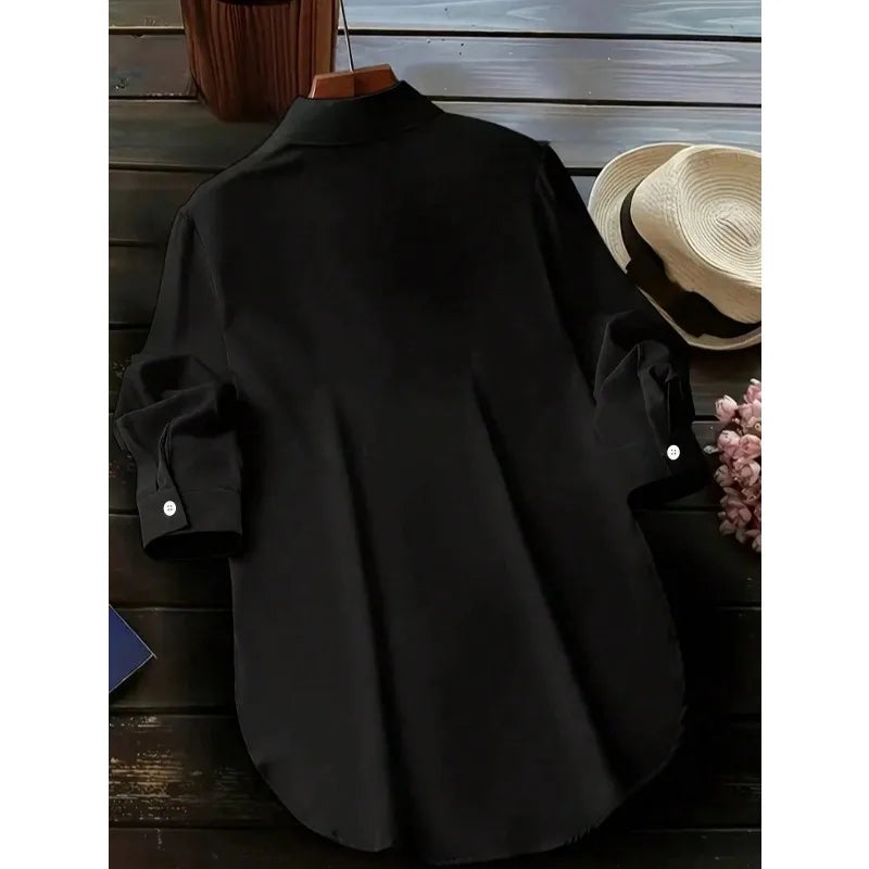 Plus Size 1XL-5XL New Women's Fashion Spring Autumn  Solid Color Blouse Shirt Single Breasted Lapel Split Long Sleeved Shirt