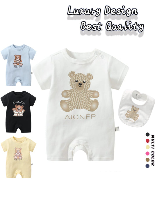 Cute Bear Romper Newborns Clothes 2025 Summer Hot Sale New Toddler Boys Jumpsuit %100 Cotton Soft Bib scarf 2Pcs Set Baby Romper