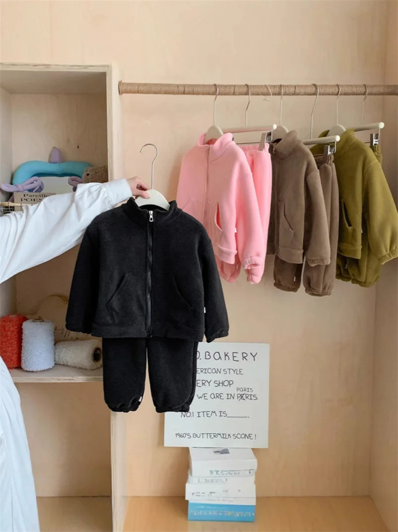 Kids Fleece Warm Sets Winter Plus Velvet Outfits Autumn Long Sleeved Pullover Tops+Pants 2Pcs Children Casual Clothing Suits