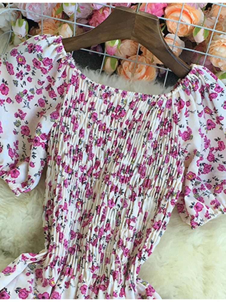 Beach Vacation Floral Print Dress Women Puff Sleeve Square Collar High Waist Dresses Korean Fashion Party Long Dress