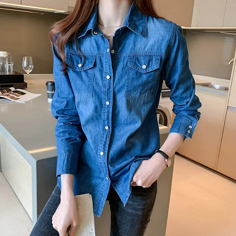 Slim Fit Long Sleeve Women's Denim Shirt Spring Autumn College Style Base Layer Top Korean Fashion Versatile Bottoming Shirt