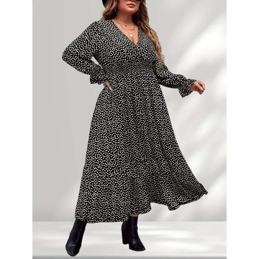 Plus Size 1XL-5XL Women's  Fashion New Polka Dot Print Long Sleeve Dresses Elegant Casual V-Neck Dress