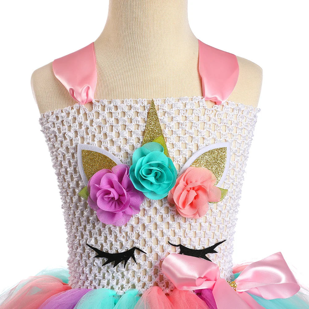Pastel Flower Unicorn Dresses for Girls Christmas Halloween Costumes for Kids Birthday Party Outfit with Wings Horns Hairbow