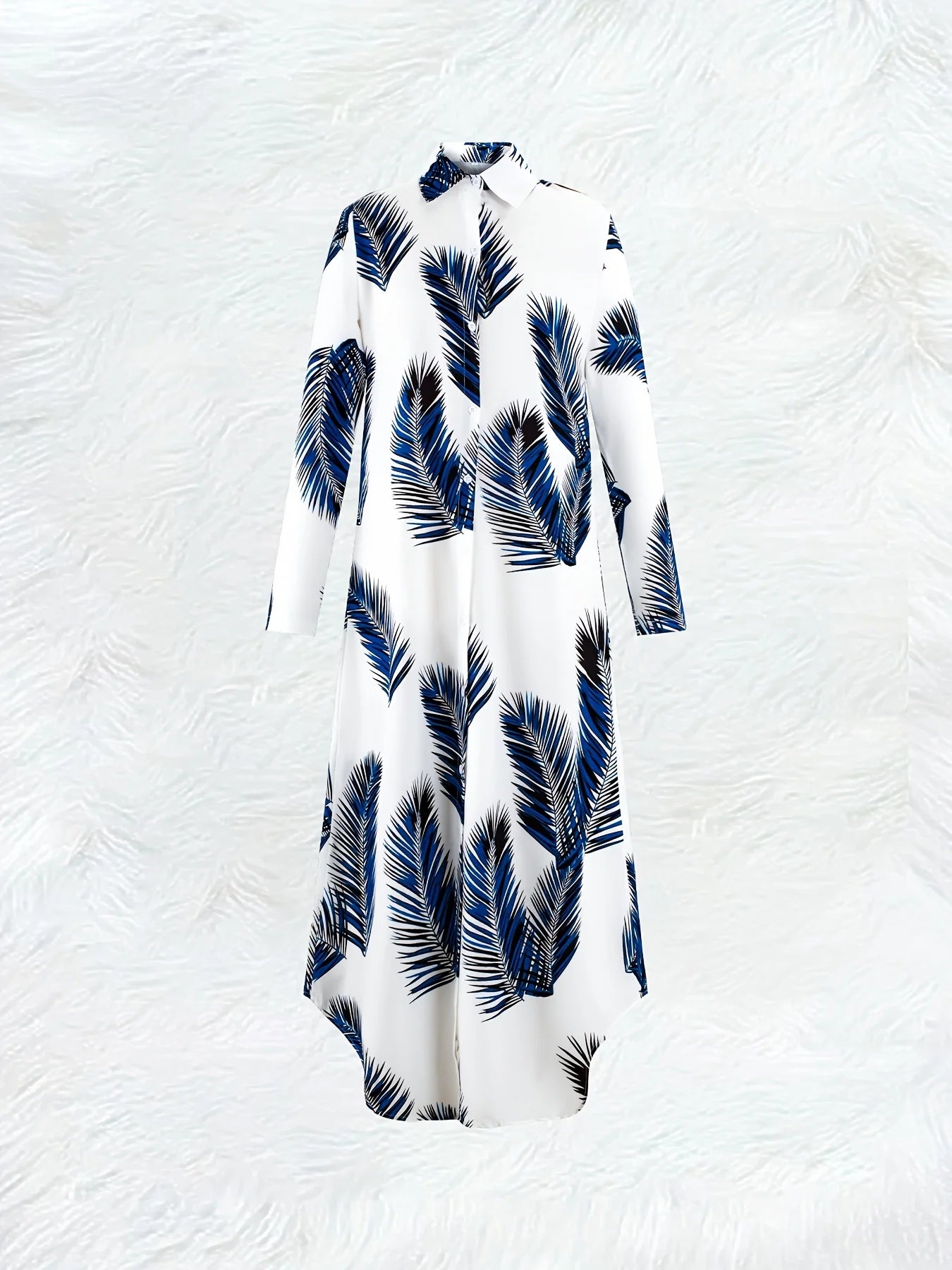 Printed Design Casual Blue and White Contrasting Leaf Long Sleeve Dress