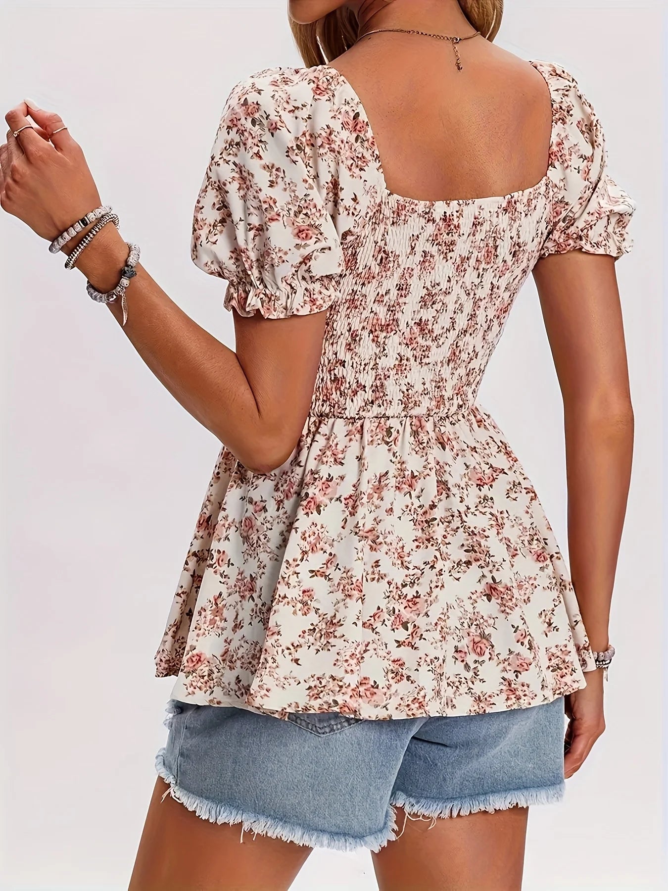 Summer women's casual comfortable square-neck raglan leaf-sleeve floral vacation shirt top