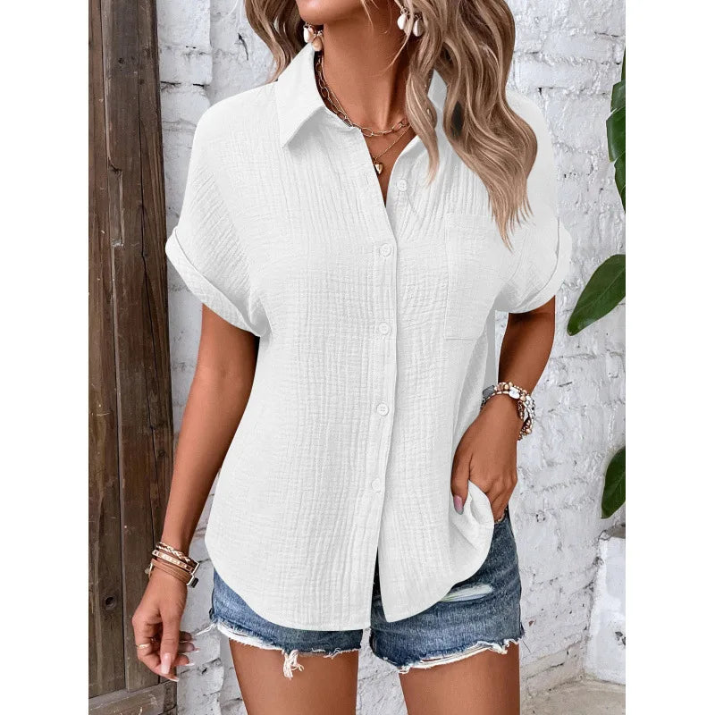 Women Casual Cotton Blouse Vintage Summer Short Sleeve Slim Shirt Elegant Turn Down Collar Solid Tunics Harajuku Streetwear Tops