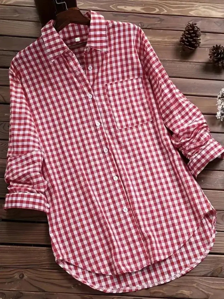 Plus Size Plaid Women's Cotton Linen Long Sleeves Roll Up Striped Casual V Neck Button Down Shirts Blouses Collar Tunic Tops