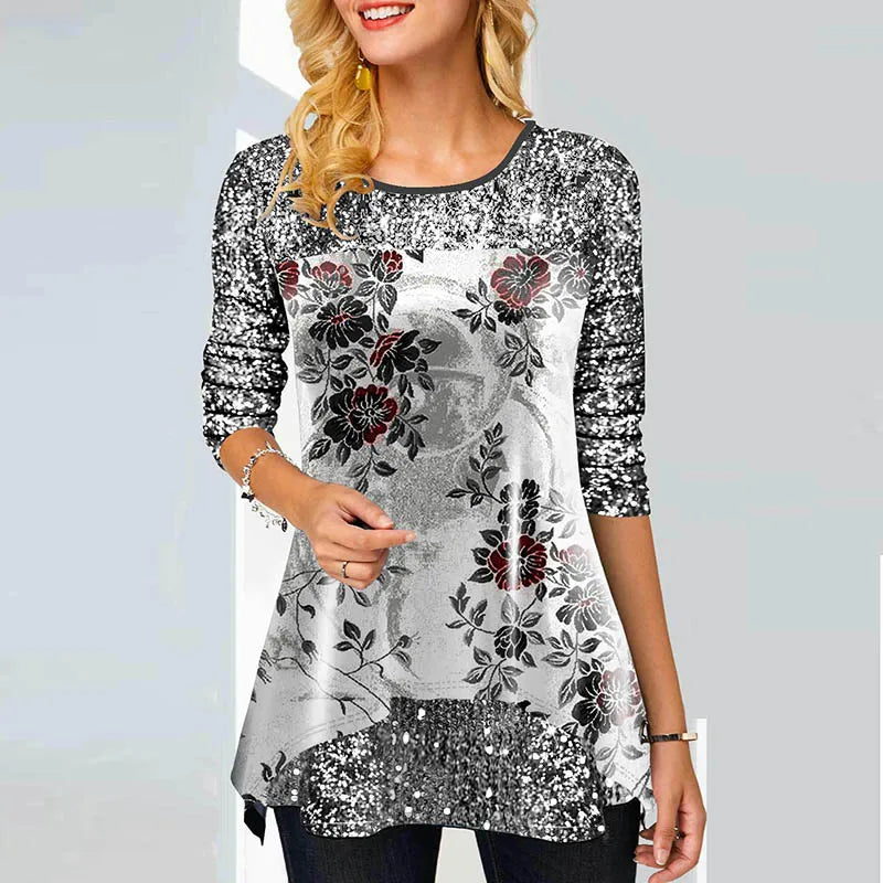 Fashion Print Women T Shirt Autumn Long-sleeved Casual O-neck Ladies Pullover Tops Vintage Floral Printed Female Office Shirts