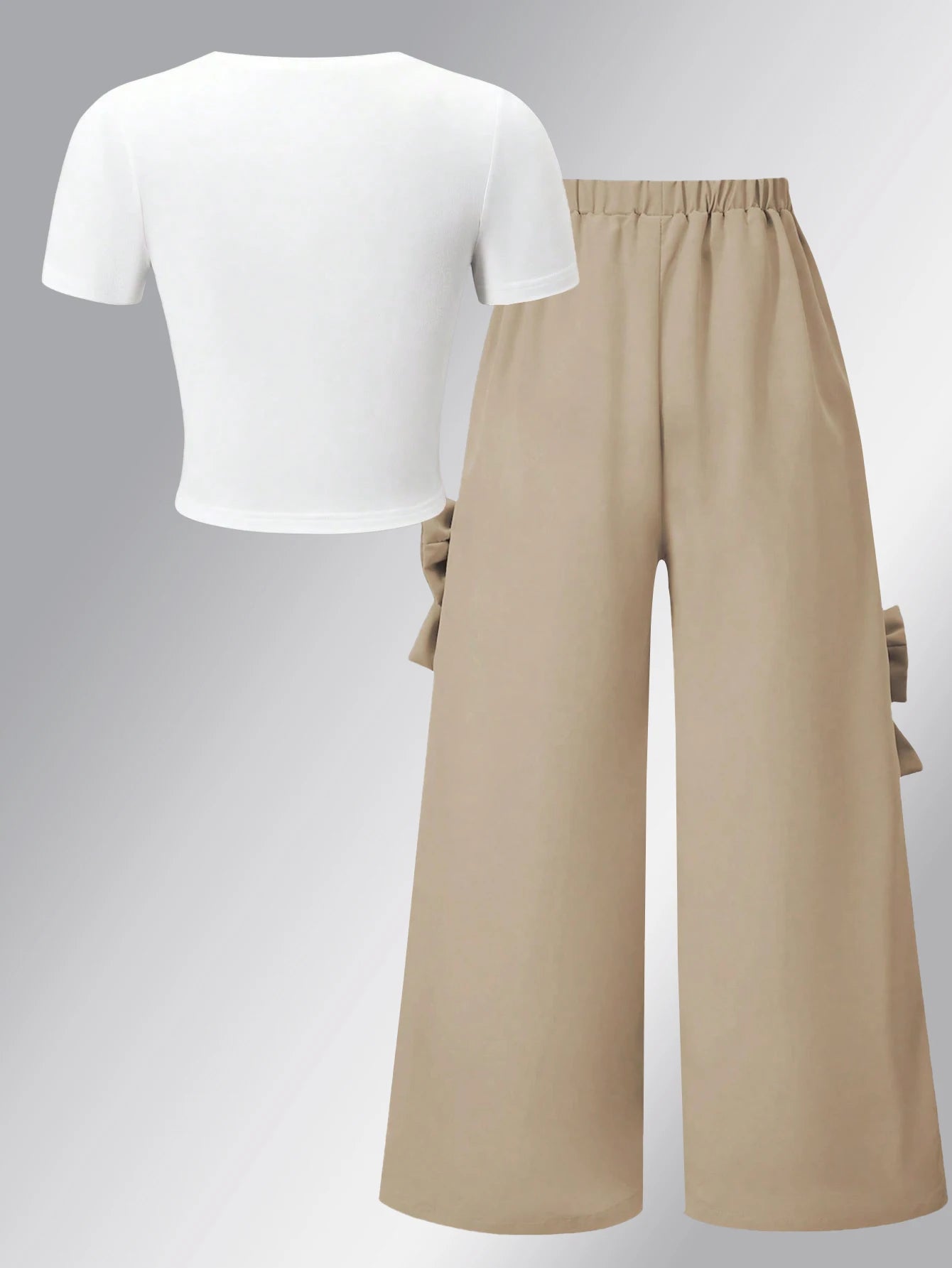 Fashionable girl's two-piece casual outfit; girls' short-sleeved top with bow tie and wide-leg trousers; straight trousers