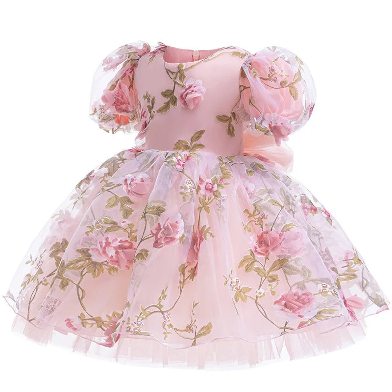 Toddler Pink Rose Dress Baby Girls Tulle Princess Dress For Kids Birthday Party Evening Gown Wedding Baptism 1 2 3 4 5 6 Years